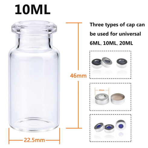 20 mm Borosilicate Glass Headspace Vial, 10 ml Capacity, Flat Bottom, Beveled Finish, 22.5x46 mm, Pack of 100