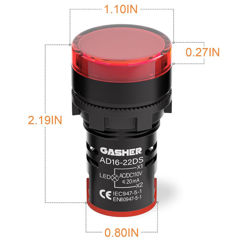 GASHER 12V 20mA Energy Saving Indicator Light, Red, 10 Pcs, Mounting Hole Size 22mm (7/8 Inch)