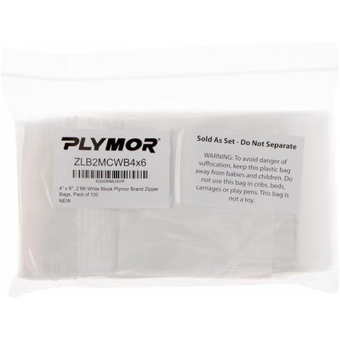 Plymor 4" x 6" Zipper Reclosable Plastic Bags, 2 Mil, Pack of 100