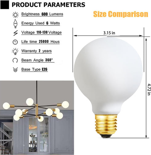 LVYE G25 LED Light Bulb, E26 Base, 6W Dimmable Edison Globe Bulb, 600LM, 4000K Daylight, Outside Frosted Glass, 4 Pack