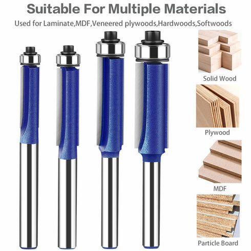 4PCS Set 1/4 Inch Wolfride Flush Trim Router Bit Shank Top Bearing Flush Trim Router Bit