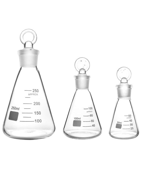 QWORK Glass Erlenmeyer Flask Set, 3 Pack Graduated Borosilicate Glass with Glass Stopper