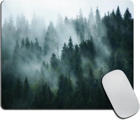 Misty Forest Mouse Pad, Nature Pine Trees Scenic Foggy Mountain Cool Woodsy Landscape, Customized Non-Slip Rubber Base