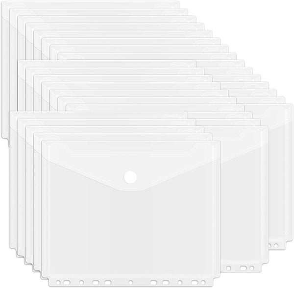 EOOUT 30Pcs Binder Pocket, Clear Poly Binder Envelope with Hook and Loop Closure, 11 Holes for School and Office