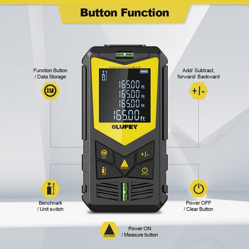 Laser Measure, OLUFEY 165ft Laser Distance Meter with 2 Bubble Levels, Black LCD Display and Pythagorean Mode, Measure Distance, Area and Volume by Olufey