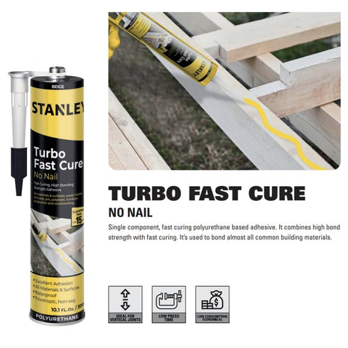 Stanley Turbo Fast No Nail Adhesive - Polyurethane Heavy Duty Construction Adhesive for All Surface and All Materials, Waterproof, Instant Grap, Weather Resistant, 10.1 fl.oz. 1 Pack