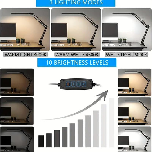 HDView 3 10 LED Desk Lamp with Eye-Caring Modes Brightness, Adjustable Swing Arm Long Flexible Lamp for Office Workers