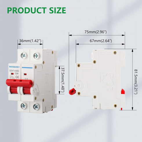 DC Miniature Circuit Breaker DZ47-63Z, 500V 2 Poles 10-63A for Battery and Solar PV Systems, DIN Rail Mount