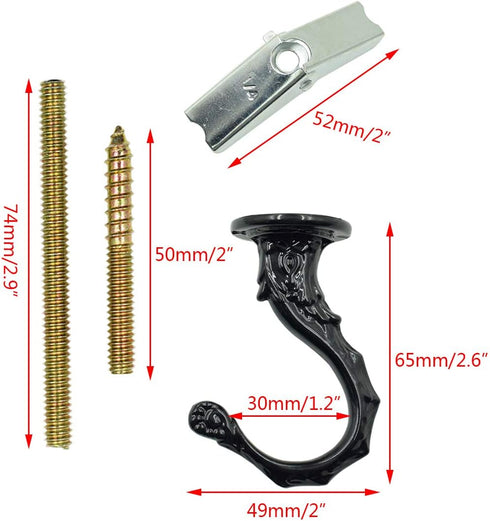 Eilumduo 65mm Ceiling Hooks, Heavy Duty Swag Hook with Steel Screws for Hanging Plants, Black (2 Sets)