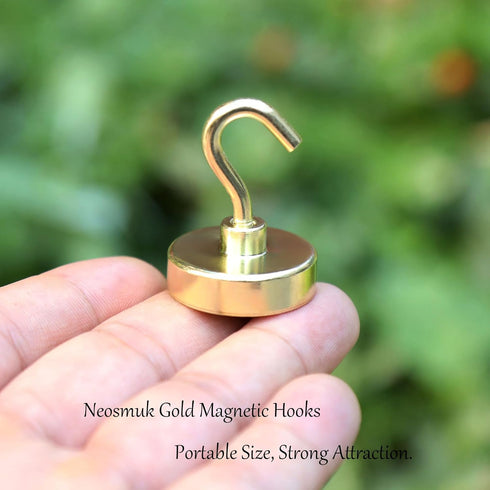 Neosmuk Heavy Duty Magnetic Hooks, Strong Neodymium Magnet with Hook for Fridge, 10 Pack, Golden, Toolbox, Grill.