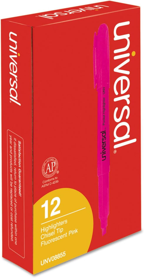 Universal Pocket Highlighters, Dozen, Fluorescent Pink Ink, Chisel Tip, Pink Barrel