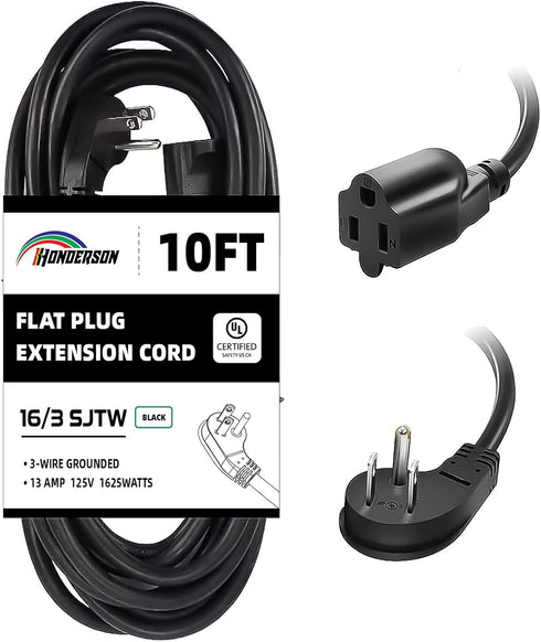 10FT Extension Cord, Flat Plug 3 Prong Short Extension Cords, Black 16 Gauge Heavy Duty Cable for Kitchen Home