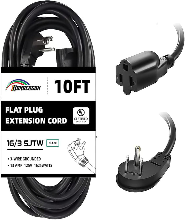 10FT Extension Cord, Flat Plug 3 Prong Short Extension Cords, Black 16 Gauge Heavy Duty Cable for Kitchen Home