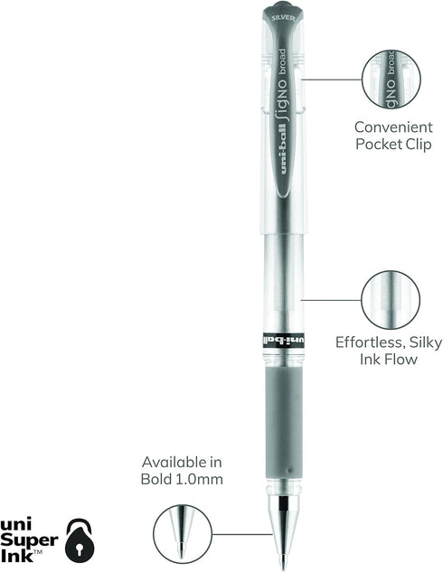 uniball Impact Gel Pen, Medium 1 Mm, Silver Metallic Ink, Silver Barrel