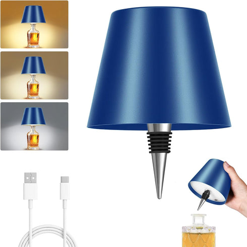 Rechargeable Wireless Bottle Lamp - 3 Color Stepless Dimmable, Metallic Blue Lampshade,