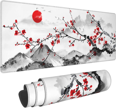 Watercolor Cherry Blossom Mouse Pad 31.5x11.8 Inch, Pink Full Desk, Non-Slip Rubber Base, Waterproof Big Keyboard Mat
