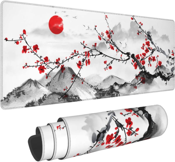 Watercolor Cherry Blossom Mouse Pad 31.5x11.8 Inch, Pink Full Desk, Non-Slip Rubber Base, Waterproof Big Keyboard Mat