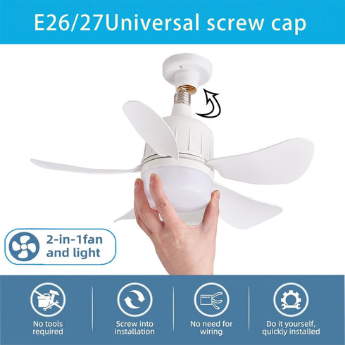 WUTGHUI Dimmable Bulb 3000K-6000K 3-Color E26/E27 Socket Fan Light with Remote Control, LED Fan Lighting, Base Socket