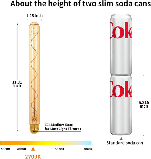 Decoaui E26 T10 12 Inch Bulbs, 6W(60W 120V, 2500K Dimmable, Bulbs, 2 Pack Long Tubular LED Edison Eqv) Warm White