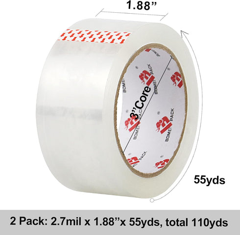 BOMEI PACK Heavy Duty Clear Packing Tape, 2 Rolls with Refillable Dispenser, 1.88 Inches x 55 Yards