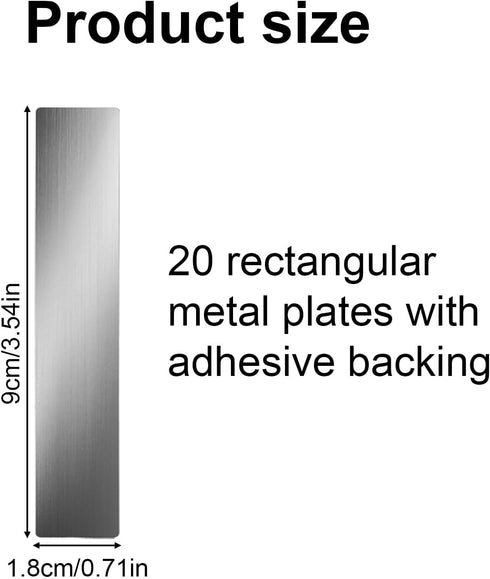 BOXOB 20pcs 3.54x0.71in Adhesive Metal Plates for Magnetic Mount, Rectangular Metal Strip Tape with Strong Adhesive