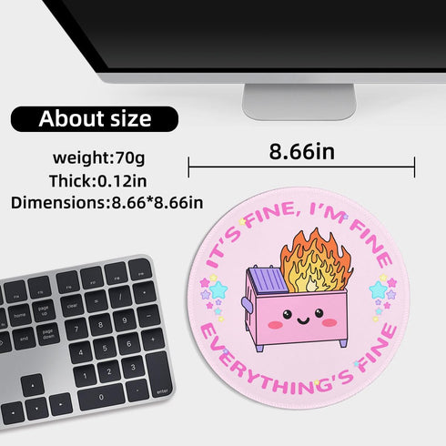 Dumpster on Fire Small Mouse Pad, Cute Funny Round Mousepad with Non-Slip Rubber Base, This Is Fine Mouse Pads for Desk
