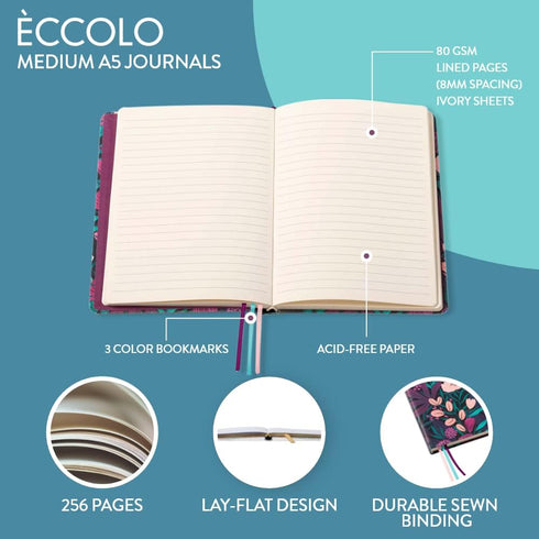 Eccolo Medium Lined Journal Notebook, Flexible Cover, A5 Writing Journal, 256 Ruled Ivory Pages, 3 Ribbon Bookmarks