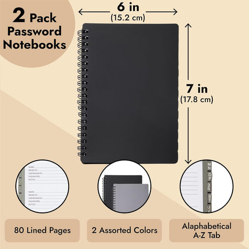 Juvale 2-Pack Spiral Password Keeper Book, Password Notebook with Alphabetical Tabs, Gray/Black (80 Lined Pages)