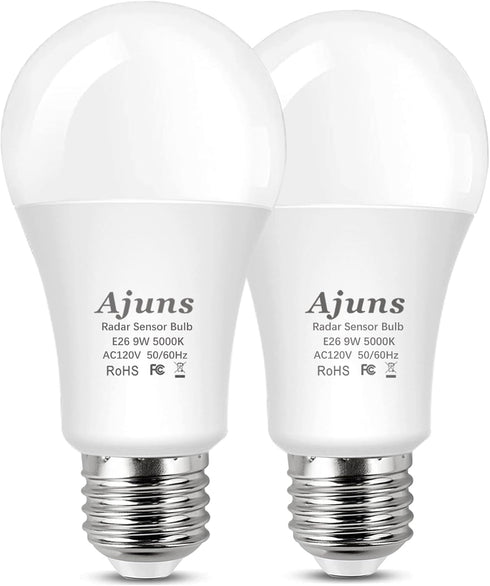 Radar Motion Sensor LED Light Bulbs, A19 9W, 5000K Daylight White, Motion Activated, E26 Base, for Hallway, Garage, 2