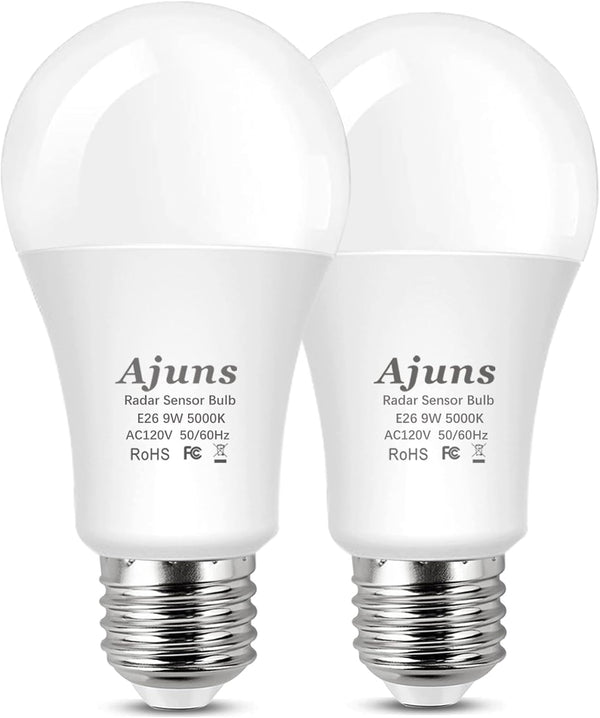 Radar Motion Sensor LED Light Bulbs, A19 9W, 5000K Daylight White, Motion Activated, E26 Base, for Hallway, Garage, 2