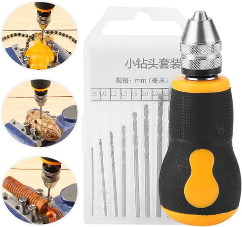 Micro Mini Hand Drill, Portable Hand Drill Tool Set with 10 Drill Bits 0.8-3.0mm Precision Pin Vise Woodworking Hand Drill for Model Jewelry Walnut Amber, 3.5 x 1.4inch