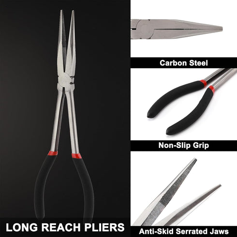 6PCS Set, 11" 45 90 5/16", 1/2" 3/4" Mayouko Extra Long Reach Pliers Straight, and Bent Nose, and Circle Nose Pliers