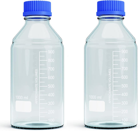 1000ml Borosilicate Glass Storage Bottles, 2pcs Round Media Storage with GL45 Blue Screw Cap for Safe Probe Storage