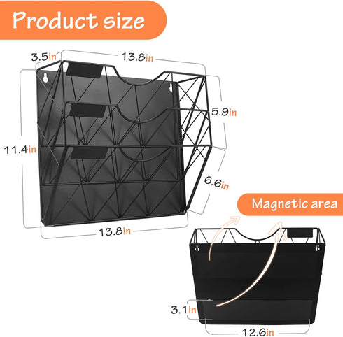 Magnetic File Holder, 3-Tier Black File Organizer for Cabinets, Mail & Magazine Holder, No-Drill Mount for Office Home
