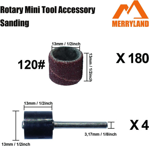 Merryland Drum Sander Sanding Band for Dremel 184pcs, 120# 1/2" Sanding Sleeve and Mandrel Rotary Tool Accessory