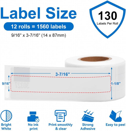 LW Label Compatible Dymo 30327 1-Up File Folder White Paper Labels 9/16" x 3-7/16", 130 Stickers per Roll, 12 Rolls