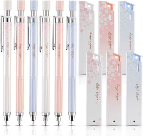 Cherry Mechanical Pencil Set, 6 pcs 0.5 mm Pencils with 6 Pack HB Leads for Writing and Drawing