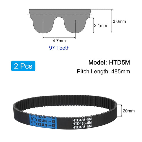 uxcell 2pcs HTD-5M Rubber Timing Belt 97 Teeth, 485mm Pitch Length x 20mm Width x 3.6mm Height, Closed Loop Pulley Timing Belt