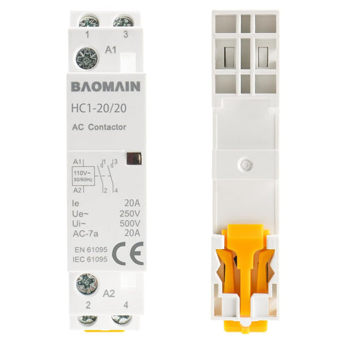 Baomain AC Contactor HC1-20/20, 110V 20A 2 Pole 2NO, Universal Circuit Control DIN Rail Mount