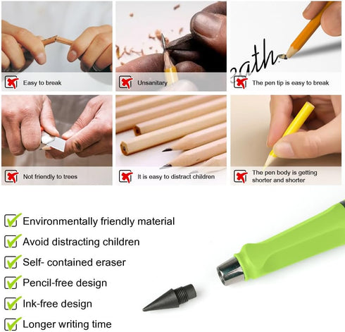 Inkless Forever Pencil, 6 Sets, Reusable Infinite Pencil with Eraser, Extra 6 Replaceable Nibs