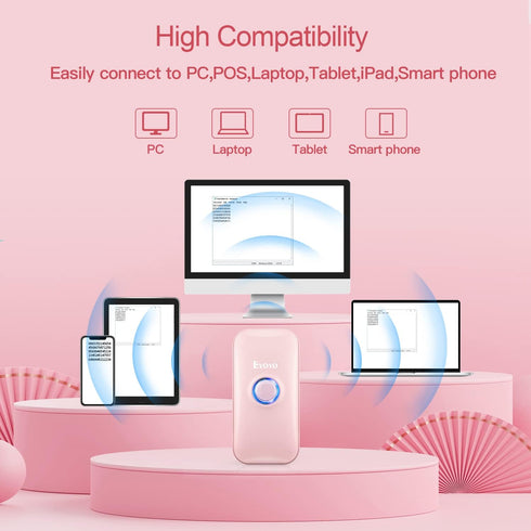 Eyoyo Mini 1D Bluetooth Barcode Scanner, 3-in-1 Portable Barcode Reader for Windows, Android, iOS (Pink)