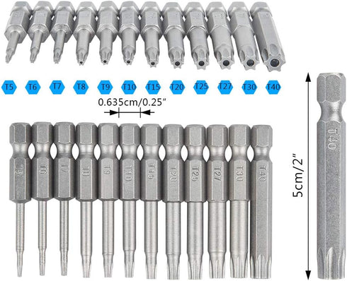 12 Pack Torx Head Screwdriver Bit Set,DanziX 1/4 inch Hex Shank T5-T40 S2 Steel Security Tamper Proof Star 6 Point Screwdriver Tool Kit with 1 Pack Handle by DanziX