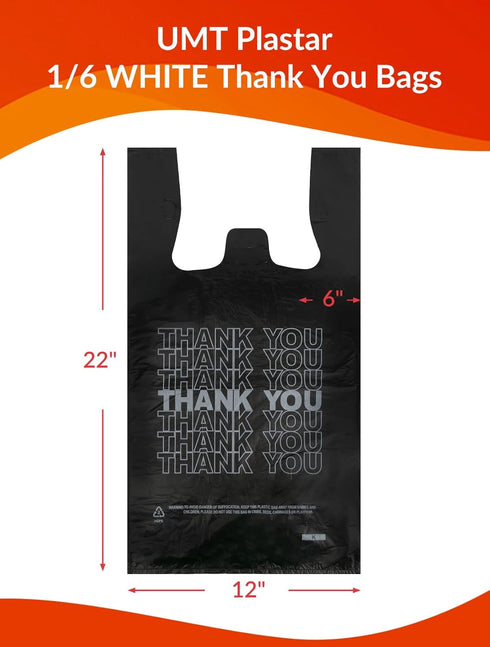 500 Count 12" 6" 22", 15 UMT Plastar Thank You Plastic Bags, x x Mic Black T Shirt Grocery Bags with Handles, Ideal