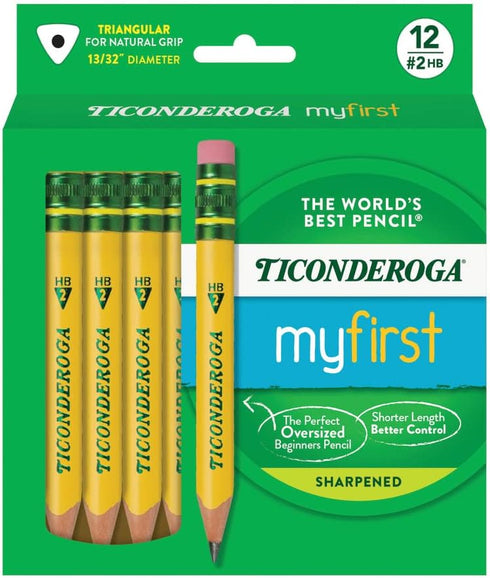 Ticonderoga My First Short Triangular Wood-Cased Pencils, 2 HB Soft with Erasers, Yellow, 12 Count
