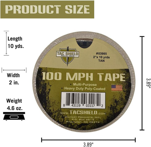 Tac Shield Heavy Duty 100 MPH Tape, 10-Yards, 2"-Wide, Weather Resistant Repair Tape, Made in USA, Tan