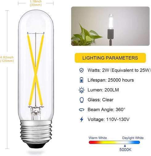 Dimmable T10 Bulb 5000K, 2W Bulbs 25 200LM, E26 Bulb Lights,6 Pack LED Daylight White LED Tubular Watt Equivalent