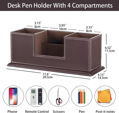 PUSU Desk Pencil Holder - PU Leather Pen Holder for Desk, Multifunctional Organizer with 4 Compartments