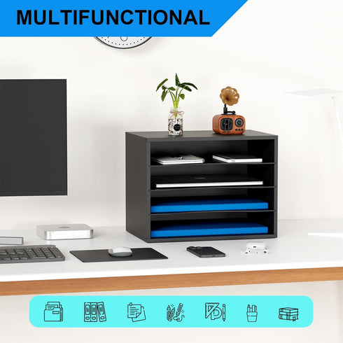 Wood Desktop Letter Tray File Organizer, Paper Storage Mail Sorter with 3 Adjustable Drawer Boards for Home and Office