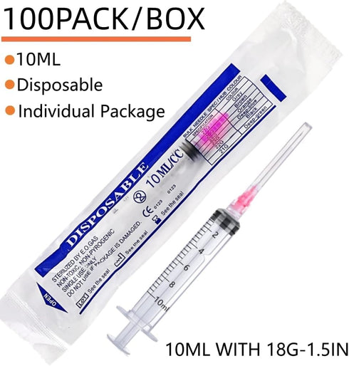 100 Pack 10ml/cc Luer Lock Plastic Syringe with 18Ga Needle, Lab Measuring Tools for Industrial Dispensing