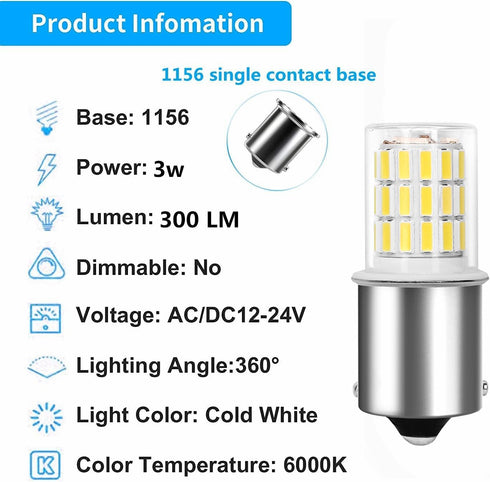 1156 Ba15s LED Light Bulb, 12V 24V, 3W, 6000K Daylight White, 1141 S8 Bayonet Socket, Pack of 2 for RV, Boat, Landscape